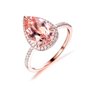 3ct Pear Cut Morganite Engagement Ring, Morganite Ring, 14k Rose Gold Ring, Pear Engagement Ring, Halo Engagement Ring, Diamond Ring image 6
