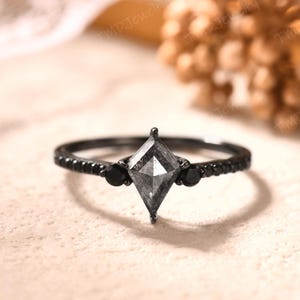 Gothic Kite Cut Salt Pepper Diamond Engagement Ring, 14k Black Gold & Black Spinel