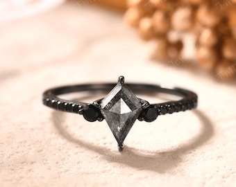Gothic Kite Cut Salt Pepper Diamond Engagement Ring 14k Black Gold Ring Black Spinel Ring Women Promise Ring Anniversary Gift Handmade Ring
