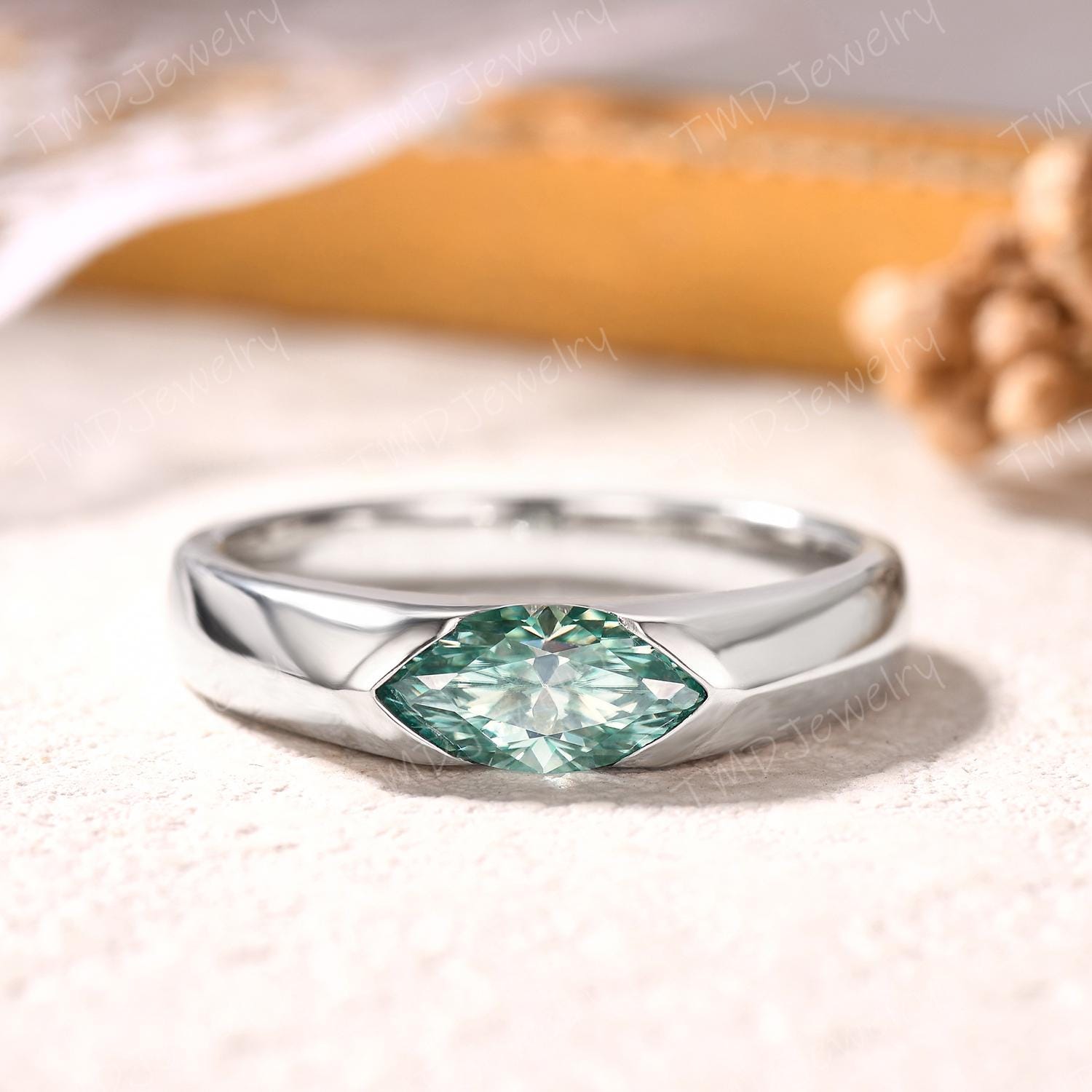 1.5 CT Marquise Cut Green Moissanite Engagement Ring,East West Marquise Ring,Bezel Set Solitaire Ring,White Gold Wedding Ring Promise Ring