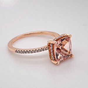 Cushion Cut Morganite Ring, Morganite Engagement Ring, Rose Gold Ring, Diamond Halo Ring, Rose Gold Morganite