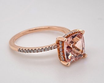 Cushion Cut Morganite Ring, Morganite Engagement Ring, Rose Gold Ring, Diamond Halo Ring, Rose Gold Morganite