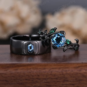 Gothic London Blue Topaz Engagement Ring Unique His and Hers Wedding Band Mens Black Gold Ring Nature Inspired Couple Ring Set Promise Gift