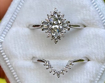 1ct Vintage Marquise Moissanite Engagement Ring, Moissanite Ring, Chevron Diamond Wedding Band, Diamond Halo Ring, Moissanite Ring, Art Deco