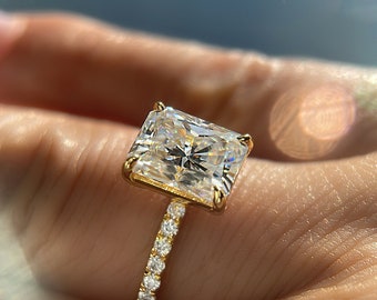 2.7ct Radiant Cut Moissanite & Diamond Engagement Ring, Forever Moissanite Ring, Pave Diamond Band, Solitaire Ring, Diamond Alternative Ring