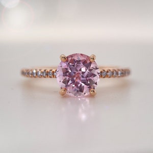 Pink Chatham Champagne Sapphire Ring, Rose Gold Engagement Ring, Round Champagne Sapphire, Champagne Sapphire Ring, 7mm