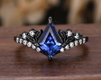 Retro Kite Blue Sapphire Engagement Ring,Gothic Leaf Nature Inspired Black Gold Ring, Moissanite Bridal Ring Promise Ring Gift For Women