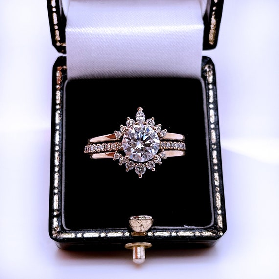 1.27ct Round Lab Diamond Bridal Set: Rose Gold Hidden Halo Engagement Ring