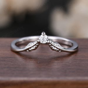 Vintage Curved Wedding Band Unique Solid White Gold Chevron Band Moissanite Wedding Ring Leaf Diamond Ring Matching Stacking Ring for Women