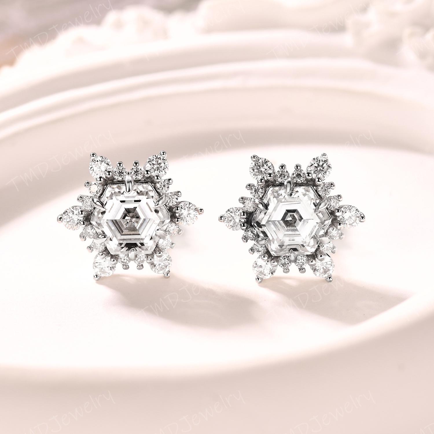 Art Deco Hexagon Moissanite Earrings 14K White Gold Snowflake Brilliant Cut Moissanite Stud Earrings Sterling Silver Earrings Bridal Gift