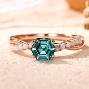 Unique Hexagon Cut Teal Sapphire Engagement Ring: Art Deco Twist Infinity White Opal Band,Vintage 14kRose Gold Bridal Ring Gift