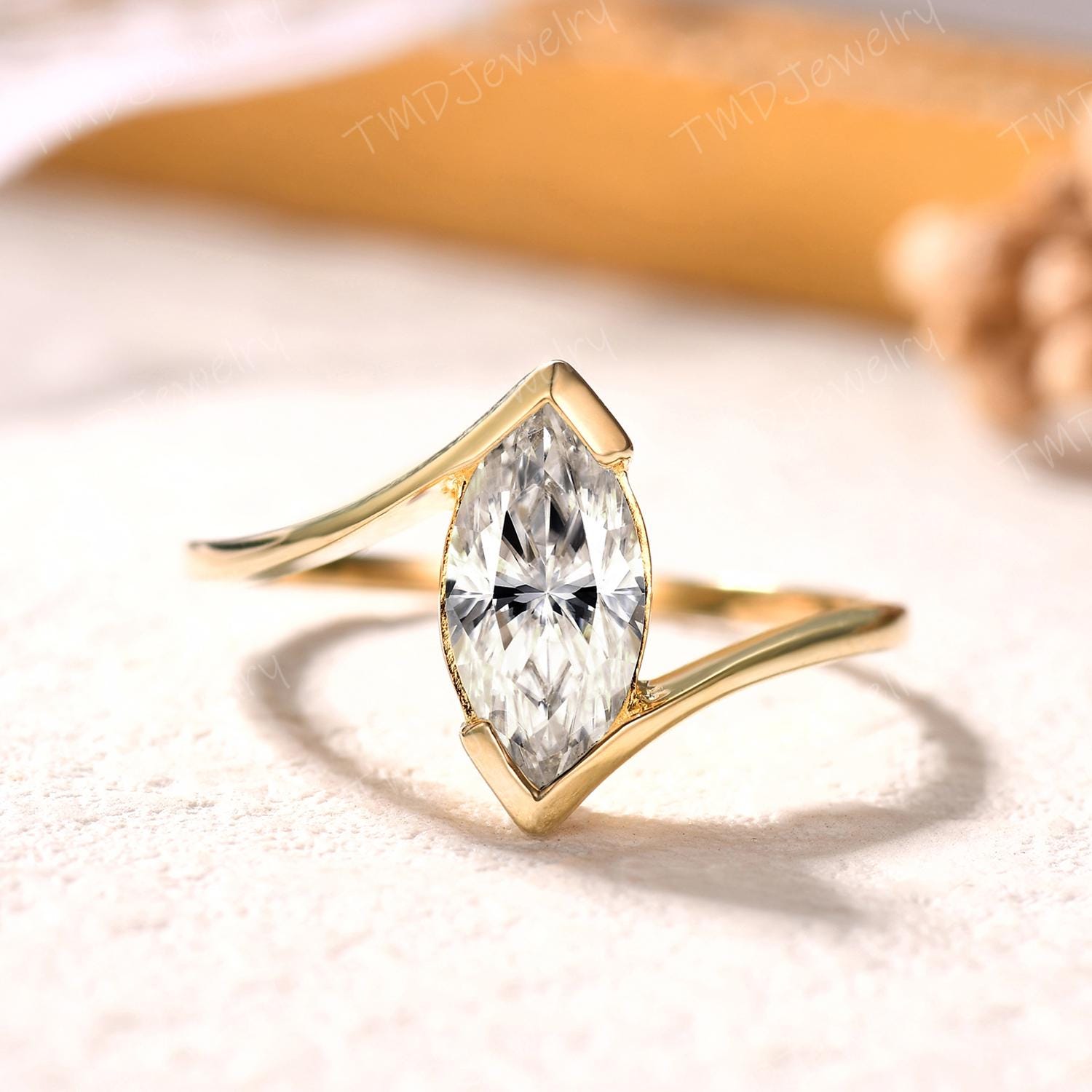 Bypass Marquise Moissanite Ring: Vintage Gold Wedding Band