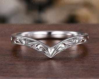 Filigree Milgrain Edge Wedding Band Sterling Silver Ring V Curved Stacking Matching Band Retro Vintage Anniversary Gift Promise Ring For Her