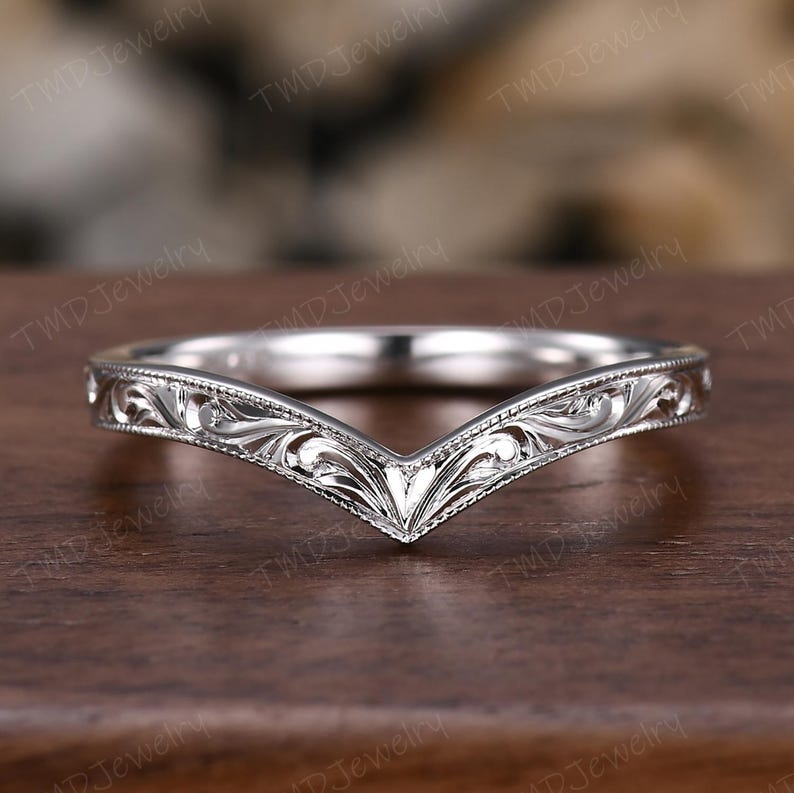 Filigree Milgrain Edge Wedding Band Sterling Silver Ring V Curved Stacking Matching Band Retro Vintage Anniversary Gift Promise Ring For Her