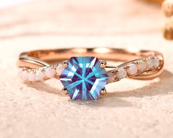 Unique Hexagon Cut Firework Cornflower Alexandrite Engagement Ring: Art Deco Twist Infinity White Opal Band, 14kRose Gold Bridal Ring Gift