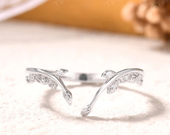Moissanite Open Gap wedding band White gold Moissanite Twig Ring Art deco Leaf Matching Stacking band Dainty Open Promise band for women