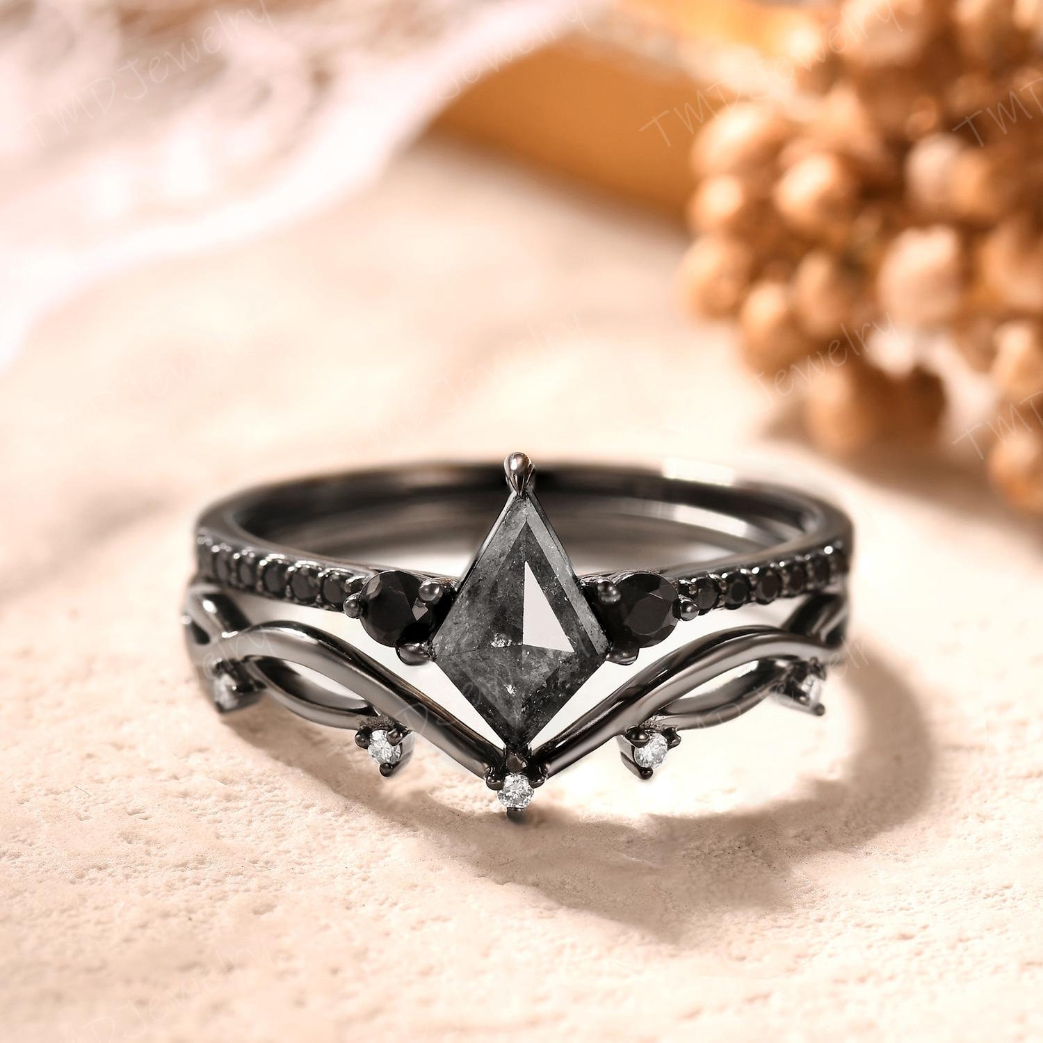 Gothic Kite Cut Salt and Pepper Diamond Engagement Ring Set 14k