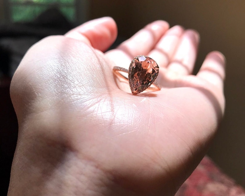 3ct Pear Cut Morganite Engagement Ring, Morganite Ring, 14k Rose Gold Ring, Pear Engagement Ring, Halo Engagement Ring, Diamond Ring image 1