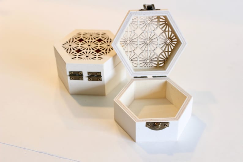 Radial Mandala Laser Cut Wood Hexagon Jewelry Box 3.5 x 1.5 wood box diy project for dot mandala