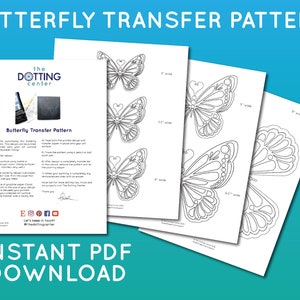 Op de afbeelding: Afdrukbaar vlindertransferpatroon in zwart en wit. Het patroon bevat vier verschillende maten vlinders, variërend van 4 inch tot 7 inch breed. Het patroon is ontworpen voor gebruik met een transfermedium, zoals grafietpapier of doorslagpapier. Het patroon is perfect voor het maken van unieke en decoratieve projecten, zoals wandkunst, woonaccessoires en ambachten.