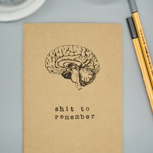 May include: A tan notebook featuring a black brain illustration and the text "shit to remember". Two yellow and black pens and a grey brain model are also visible in the image.
