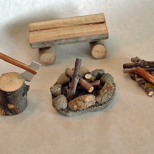 Fairy Garden Accessory set, Campfire scene, Gnome garden, miniature accessories, Doll miniatures, Fairy Scene, gnome house, camping scene