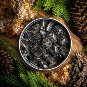 May include: A round metal tin filled with numerous small, dark, glossy, irregularly shaped hard sweets. The sweets have a smooth, reflective surface and appear nearly black in colour, packed closely together within the container.