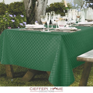 Pode incluir: Uma toalha de mesa quadriculada verde com um padr&atilde;o em relevo sutil. A toalha de mesa est&aacute; colocada sobre uma mesa de madeira com copos e uma jarra no topo. A mesa est&aacute; montada ao ar livre em um gramado.