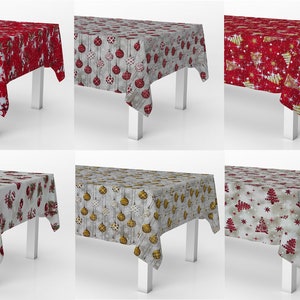 Könnte beinhalten: Sechs weihnachtliche Tischdecken mit verschiedenen festlichen Designs. Die Muster umfassen Kugeln, Schneeflocken und Weihnachtsbäume in Rot, Gold und Weiß. Ideal für eine festliche Atmosphäre.