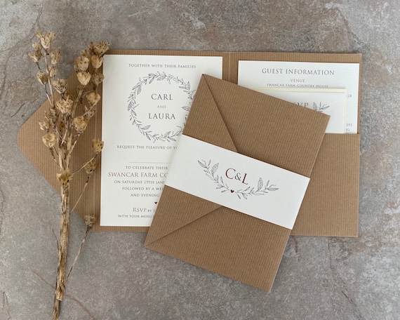 Woodland Rustic Wedding Invitation Wedding Pocketfold Invitation