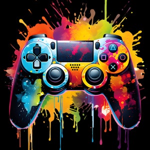 Könnte beinhalten: Ein farbenfrohes Videospiel-Controller-Design vor schwarzem Hintergrund. Der Controller ist mit lebendigen Farbspritzern in Blau, Gelb, Orange und Rot bemalt. Die Knöpfe und Joysticks sind klar definiert, was eine dynamische und künstlerische Darstellung des Spielens ergibt.