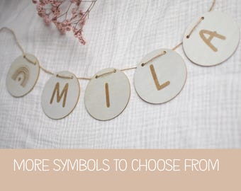 Personalisierte Kinderzimmer Wimpelkette aus Holz, Namensgirlande, Namensschild, Deko fürs Baby- & Kinderzimmer, Geschenk