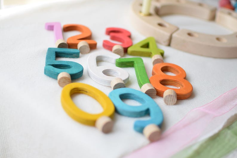 Pu&ograve; includere: Una collezione di dieci numeri in legno da zero a nove, ognuno dipinto in un colore distinto tra cui rosa, arancione, rosso, verde lime, bianco, ottanio, giallo e azzurro. Ogni numero presenta un piccolo piolo cilindrico in legno alla base.