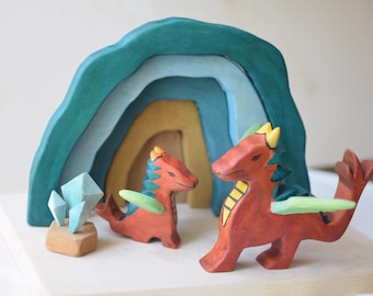 Fantasie Holz Spielzeug Drachen Set – Höhle Stapelspiel – Waldorf Montessori Spielzeug –  Geschenk für Kinder