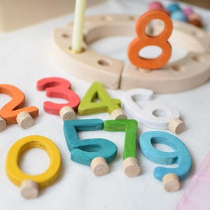 Pu&ograve; includere: Un set di numeri in legno colorati da zero a nove, ciascuno dotato di piccoli piedini cilindrici in legno alla base. I numeri sono dipinti in giallo, arancione, rosso, verde lime, verde acqua, bianco e blu. Una base ad anello &egrave; visibile.