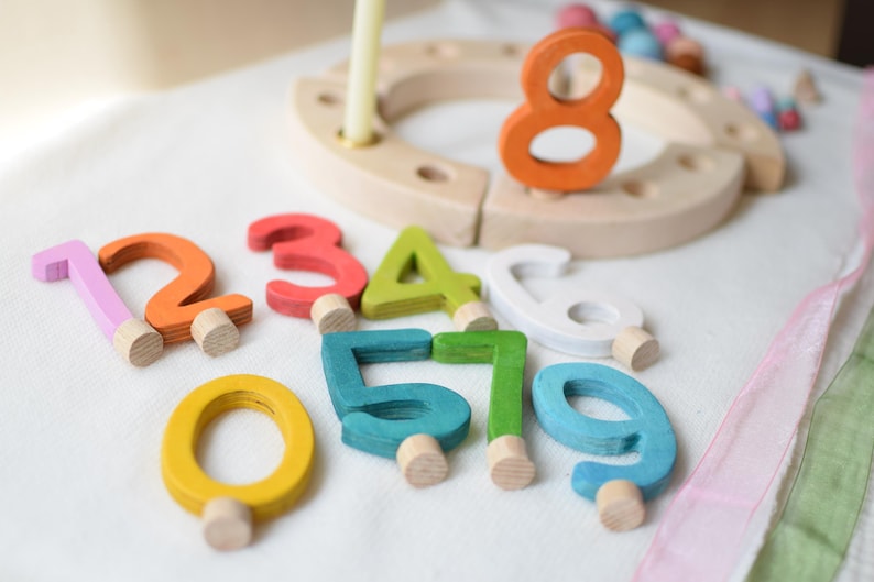 Pu&ograve; includere: Un set di numeri in legno colorati da zero a nove, ciascuno dotato di piccoli piedini cilindrici in legno alla base. I numeri sono dipinti in giallo, arancione, rosso, verde lime, verde acqua, bianco e blu. Una base ad anello &egrave; visibile.