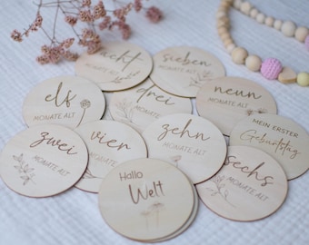 Holz Meilensteinkarten Baby – Mein erstes Jahr – Monatliche Milestone Cards aus Holz – Geschenk zur Geburt & Babyshower