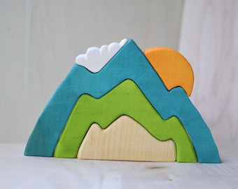 Apilador de montañas de madera hecho a mano – Sol, Nube, Juguete Montessori Waldorf, Decoración para guardería