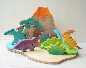 Vulkan Tal Spielwelt aus Holz – Dinosaurier Spielset | Montessori & Waldorf  Handgemachtes Spielzeug | Geschenk für Kinder
