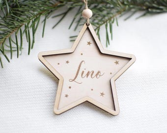 Personalisierter Name Holz Stern | Namensgravur | Weihnachtsbaum Anhänger | Advent Ornament | Geschenkidee | Kinderzimmer Deko
