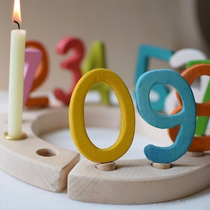 Pu&ograve; includere: Una base circolare in legno per compleanni con diversi fori per gli inserti. Una candela color crema accesa &egrave; inserita in un foro. Diversi numeri in legno colorati, tra cui uno zero giallo, un nove blu e un otto arancione, sono inseriti.