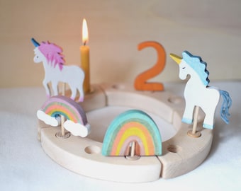 Holz Einhorn & Regenbogen Stecker für Geburtstagsring | Waldorf Jahreszeitenring Deko | Geburtstagskranz Zubehör | Tier-Topper