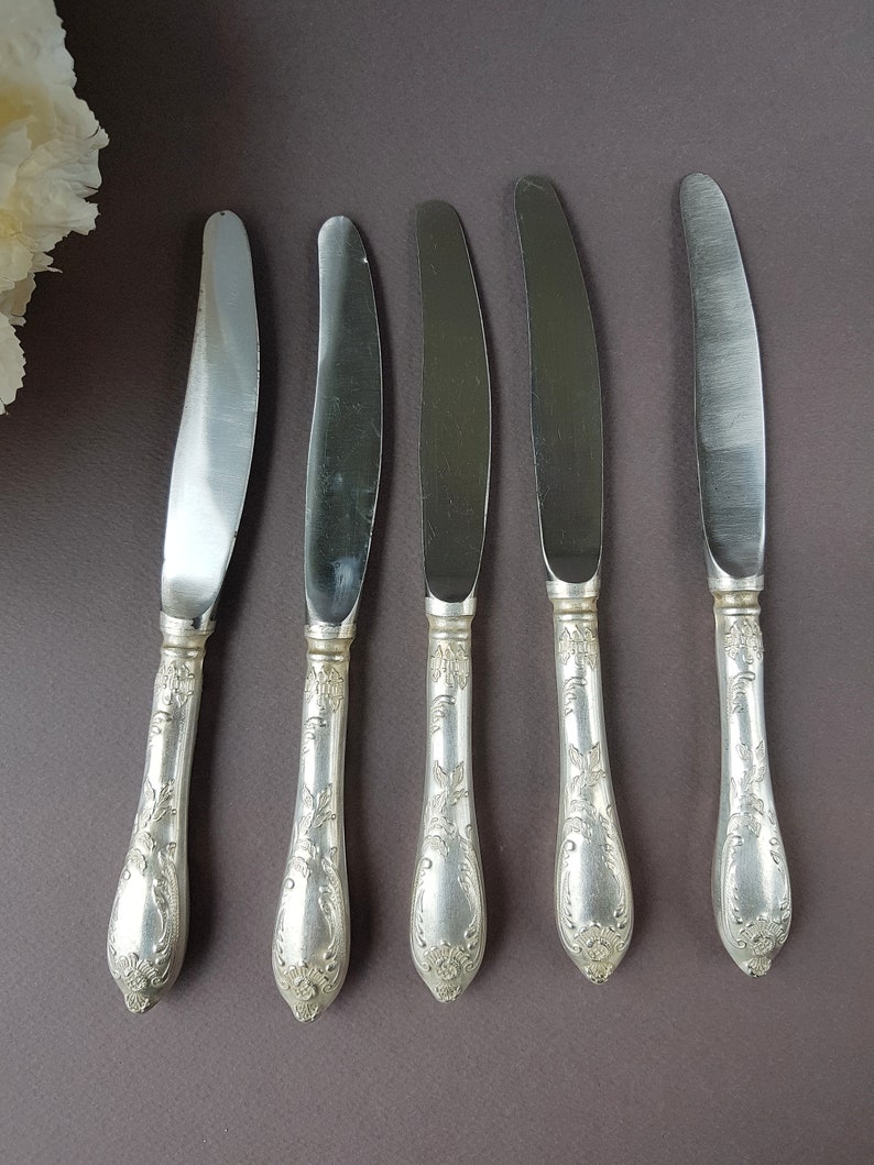 Flatware Kitchen Decor Tableware USSR German silver Dinner Knives Vintage Soviet Melchior Table Knives set of 5 Collectibles Cutlery