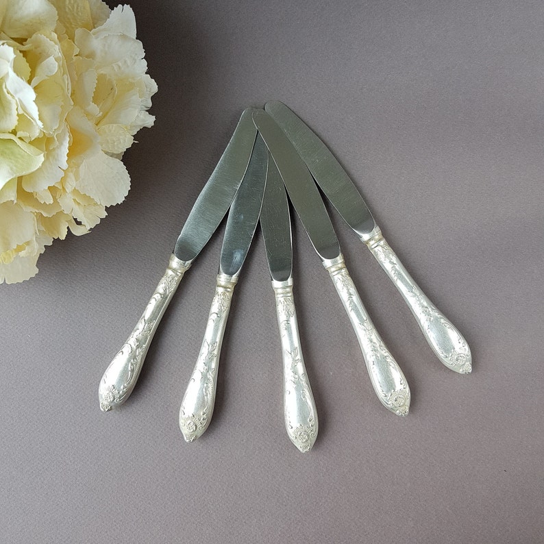 Flatware Kitchen Decor Tableware USSR German silver Dinner Knives Vintage Soviet Melchior Table Knives set of 5 Collectibles Cutlery