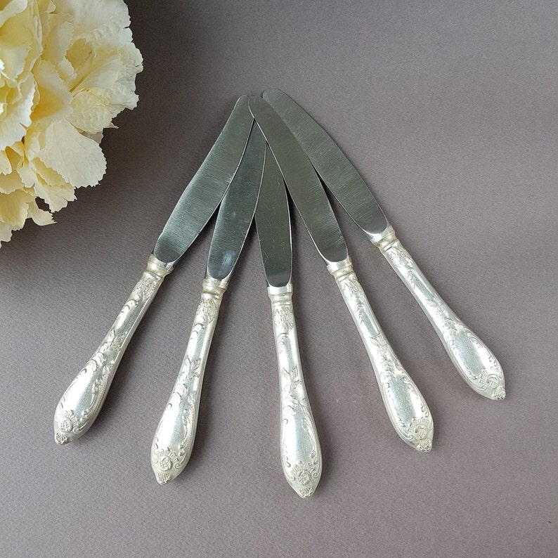 Flatware Kitchen Decor Tableware USSR German silver Dinner Knives Vintage Soviet Melchior Table Knives set of 5 Collectibles Cutlery