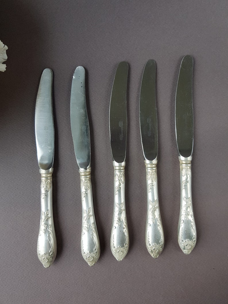 Flatware Kitchen Decor Tableware USSR German silver Dinner Knives Vintage Soviet Melchior Table Knives set of 5 Collectibles Cutlery