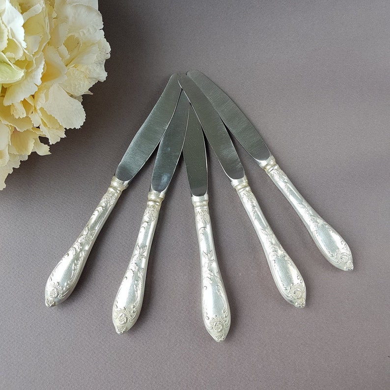 Flatware Kitchen Decor Tableware USSR German silver Dinner Knives Vintage Soviet Melchior Table Knives set of 5 Collectibles Cutlery