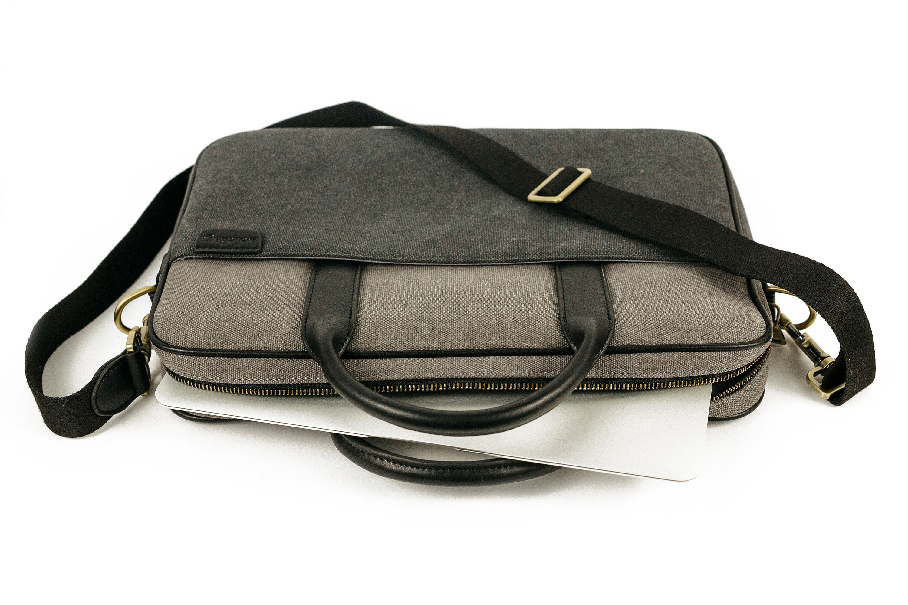 Ladies fabric and PU leather messenger style laptop bag Etsy