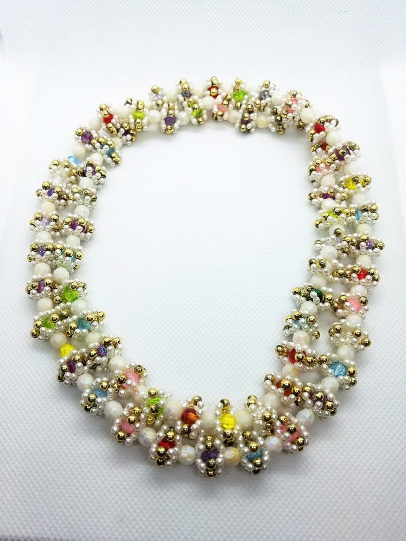 Vintage Mid Century Faux Pearl Woven Bead Necklace
