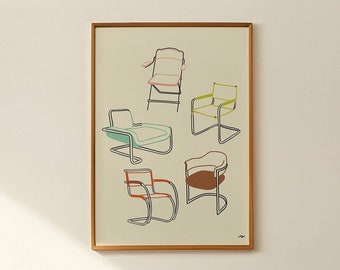Mid-Century Modern Chairs Digitally Hand-Drawn Art Print